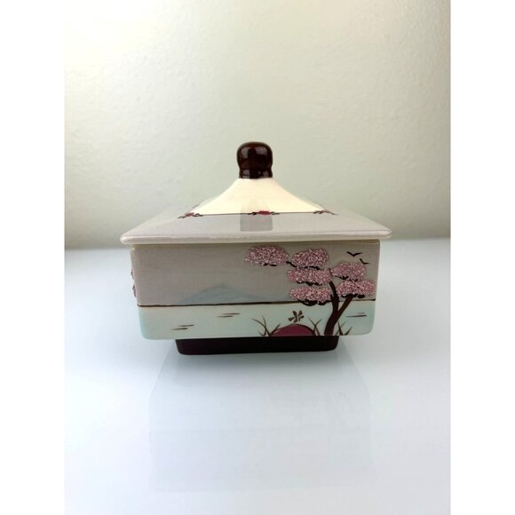 Weil Ware Oriental Cherry Blossom Ceramic Lidded Trinket Box Square Flaws READ - Picture 2 of 16